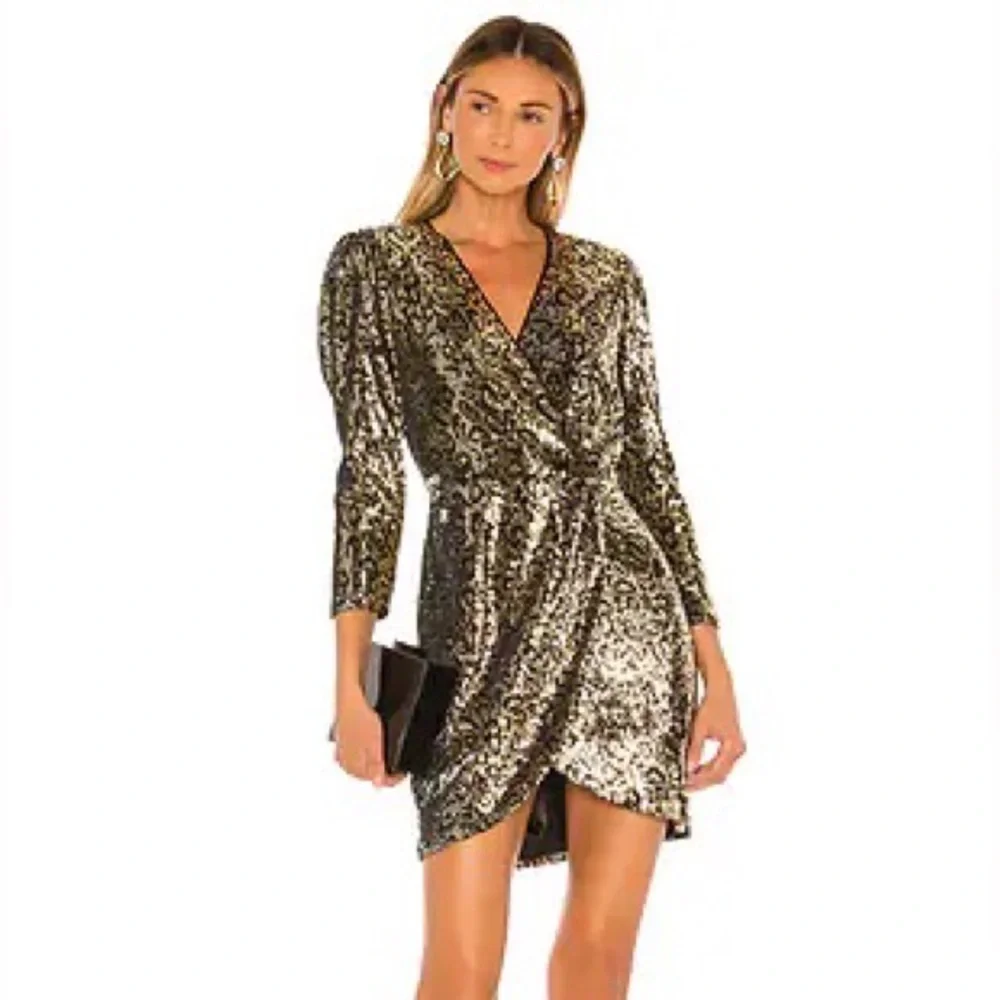 ASTR Selene Leopard Print Sequin Mini Dress Gold Black Wrap Mobwife‎ Size Small